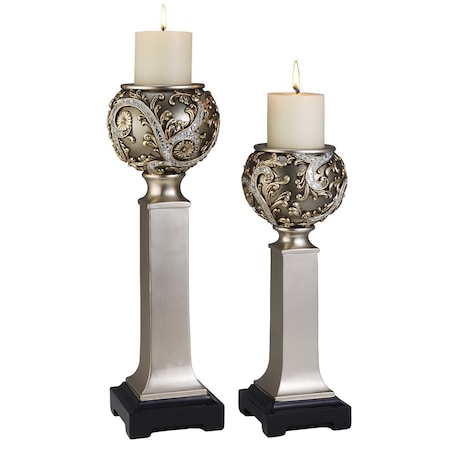 Homeroots Set of Two Silver Polyresin Filigree Tabletop Pillar Candle Holders With Candle, 2PK 468330