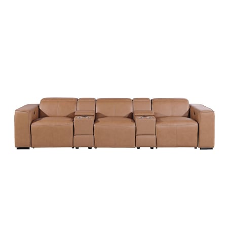 Homeroots 130" Chestnut Top Grain Leather Reclining Metal USB Sofa 720396
