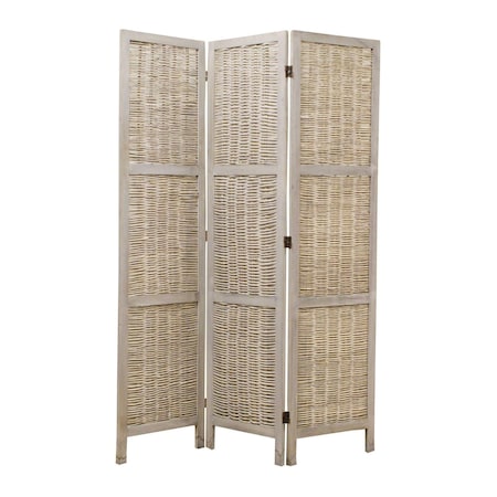 Homeroots 67" Beige Wood Folding Three Panel Screen Room Divider 274669