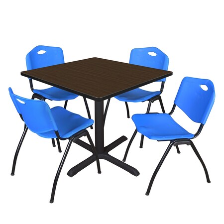 Regency Square Cain Breakroom Table W/ 4 M Stack Chairs, 36 in W, 36 in L, Neo Walnut TB3636NW47BE