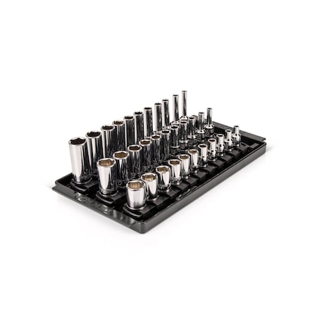 Tekton 1/4 In. Drive Shallow, Semi-Deep, and Deep 6-Pt Socket Set with Rails and Trays, 33pc (5/32-9/16 in) SHD90121
