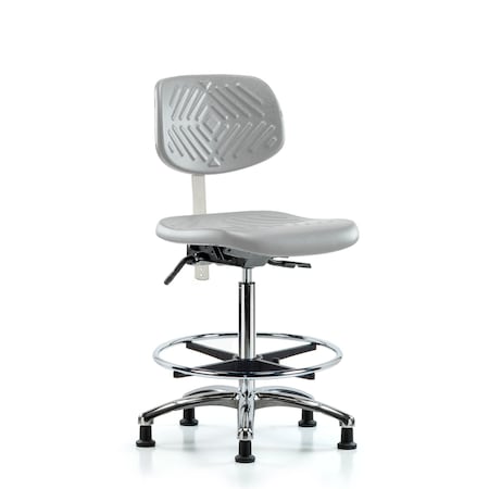 Blue Ridge Ergonomics Class 10 Poly Clean Room Chair-High Bench Ht with Chrome Foot Ring & Stationary Glides in Gray Poly NCR-PHBCH-CR-T0-A0-CF-RG-GRY