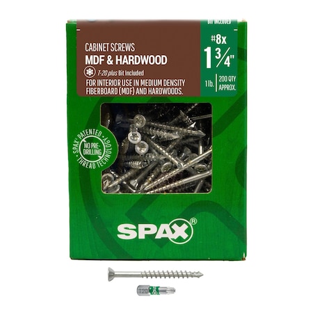 Spax #8 x 1-3/4 in Interior Wood Screws Cabinet Specialty MDF Trim Head T-Star Plus, 200PK 4351010400454