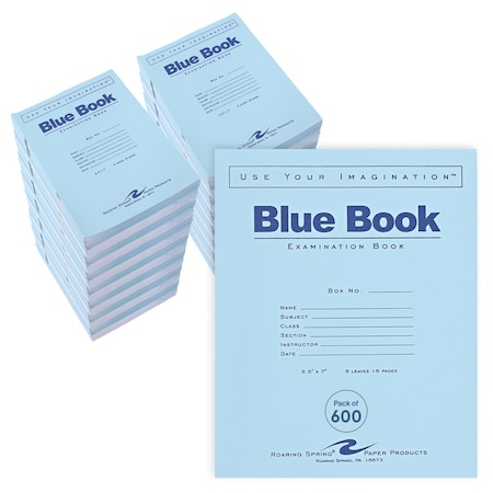 Roaring Spring Case of Exam Blue Books, 8.5" x 7", 8 Sheets/16 Pages, Wide Ruled with Margin, PK600 77512cs