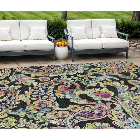 Homeroots 9' X 12' Black And Artichoke Green Paisley Washable Indoor Outdoor Area Rug 588598