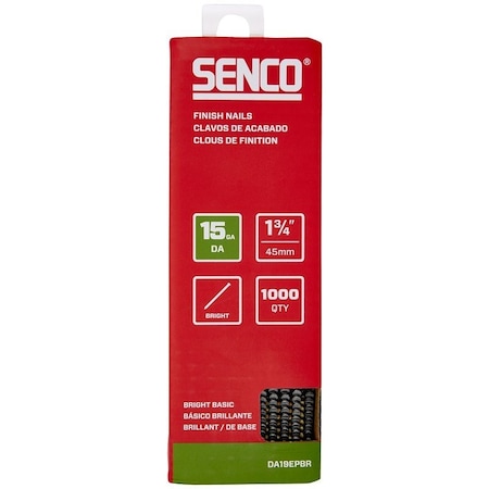 Senco Finish Nail Strip, 1-3/4 in L, 15 ga, Steel, Bright Basic/Sencote, Brad Head DA19EPBR