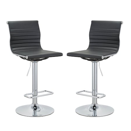 Homeroots Set of Two Black and Silver Faux Leather and Metal Low Back Adjustable Height Bar Chairs, 2PK 555042