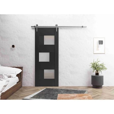 Vdomdoors Slab Barn Door Panel 36 x 80in, Matte Black W/ Frosted Glass, Pocket Closet Sliding SETE6933S-BLK-36