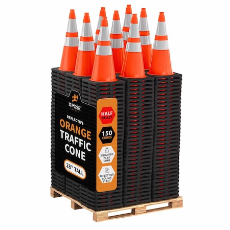 Xpose Safety Traffic Safety Cone, 28 in, PVC, Dual 6 in & 4 in Collar, DOT Approved, Orange, PK150, Half Pallet OTC28-64-HP150-X