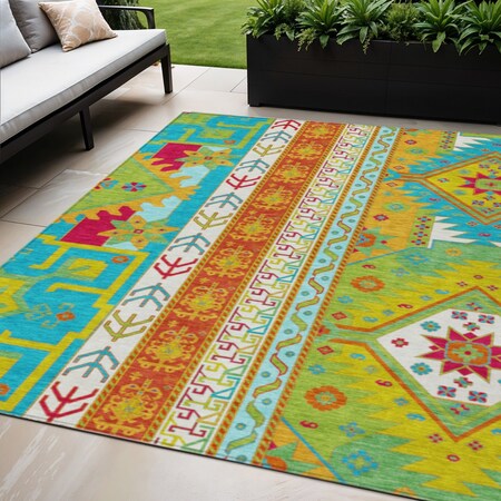 5' X 8' Teal Blue Green And Pink Aztec Washable Indoor Outdoor Area Rug