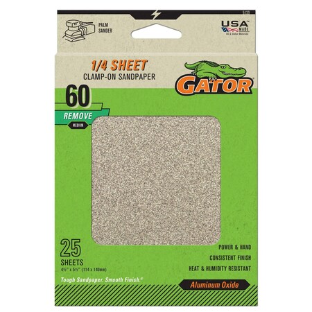 Gator Finishing 1/4 Sheet Clamp-On Sandpaper, 60 Grit, 25PK 5133