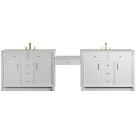 James Martin Vanities Bellshire 120" Dual Vanity Set with 24" Make-Up Counter, Bright White w/3 cm Siberian Silestone Top 660-VMC120-BW-3SFR