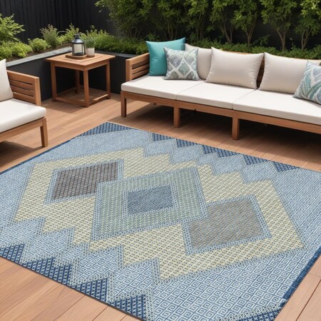 Homeroots 10' X 14' Denim Blue Gray And Brown Geometric Washable Indoor Outdoor Area Rug 631908