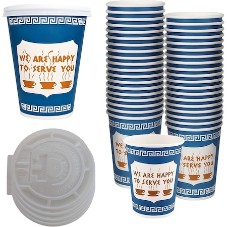 Ecoquality 12oz Insulated Paper Hot Cups With White Flat Lids New York Greek Design Cups, 50PK EQ12OZANGPCWFL-50