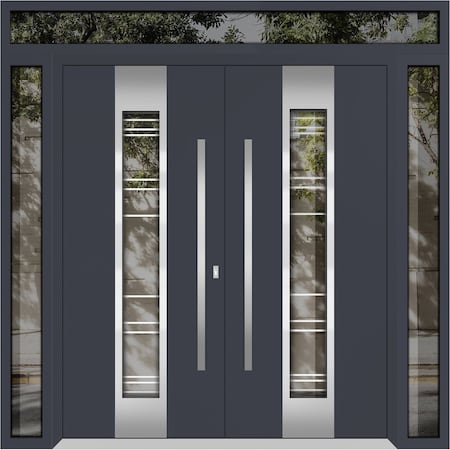 Vdomdoors Metal Double Doors Deux 5755 Gray Graphite Clear Glass 2 Sidelights and Top Transom Entry Modern Pa DEUX5755DEXD-GRE-W14+72+14xH80+14-LH-O