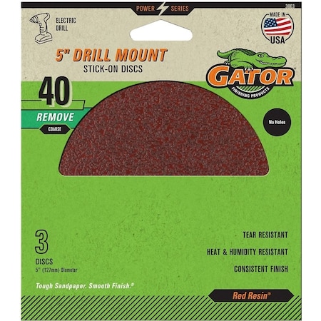 Gator Sanding Disc, 5 in Dia, 40 Grit, Extra Coarse, Aluminum Oxide Abrasive, Paper Backing 3003