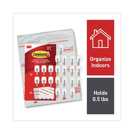 Command Small Wire Hooks, Small, Plastic/Metal, White, 0.5 lb Capacity, 22 Hooks and 24 Strips/Pack 17067-22NA