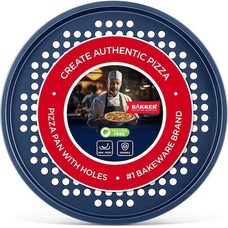 Bakken- Swiss BAKKEN Pizza Pan, Round Perforated, Nonstick Marble Coating, Dishwasher Safe, Blue BAKPIZRB1