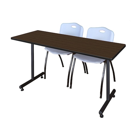 Regency Kobe T-Base Training Seminar Table W/ 2 M Stack Chairs, 66 in W, 24 in L, Neo Walnut MKTRCT6624NW47GY