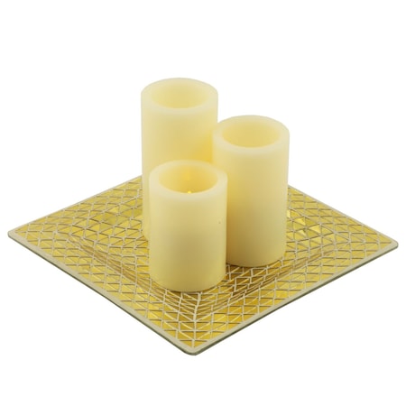 Homeroots Set of Three Ivory Flameless Pillar Candles With Gold Holder, 3PK 483931