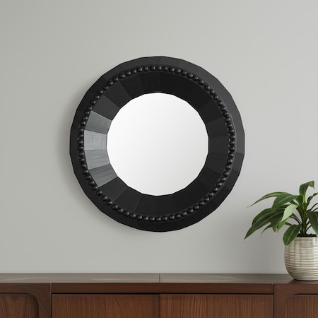 Homeroots 30" Black Solid Wood Round Accent Mirror 607304