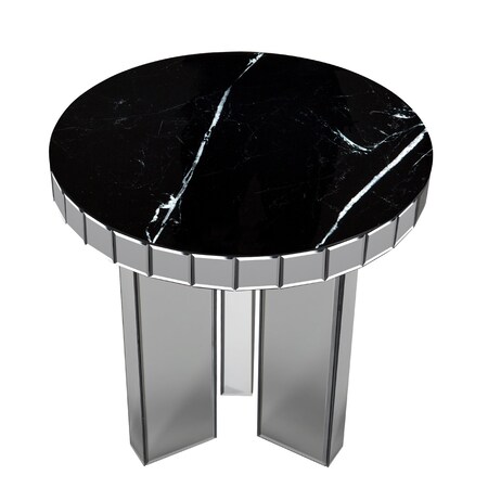 Homeroots 20" Black and Silver Mirrored Marble and Glass Round End Table 569207