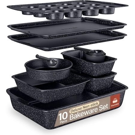 Bakken- Swiss Gray Marble 10-Piece Nonstick Bakeware Set, Carbon Steel, Stackable, Oven Safe to 450 DegF BKWAV10GRYMR