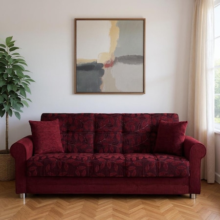 Homeroots 89" Burgundy Chenille Convertible Futon Sleeper Sofa And Toss Pillows With Storage 607148