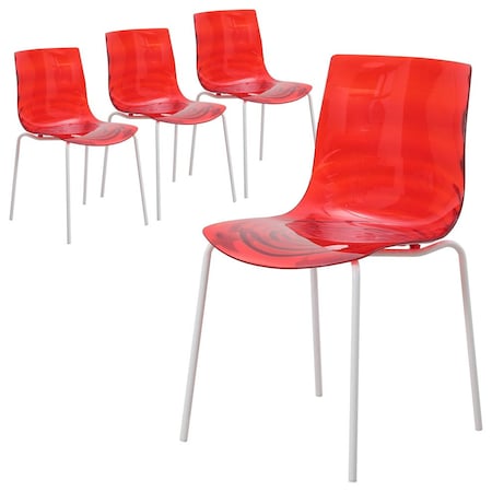 Leisuremod Astor Plastic Dining Chair with White Steel Base in Transparent Red, 4PK ACW-20TR4