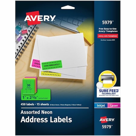 Avery Address Label, 1" Label W, 30 Labels per Sheet Neon Yellow 5979