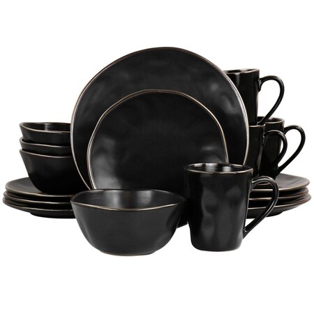 Fastfood Modern Stoneware Dinnerware Set with Gold Rim, Matte Black - 16 Piece FA2614929