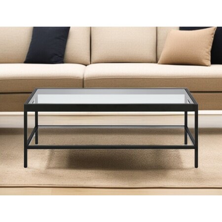 Homeroots 45" Clear And Black Glass And Steel Coffee Table With Shelf 520942