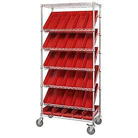 Global Industrial Easy Access Slant Shelf Chrome Wire Cart, 24 4"H Shelf Bins Red, 36Lx18Wx74H 269004RD