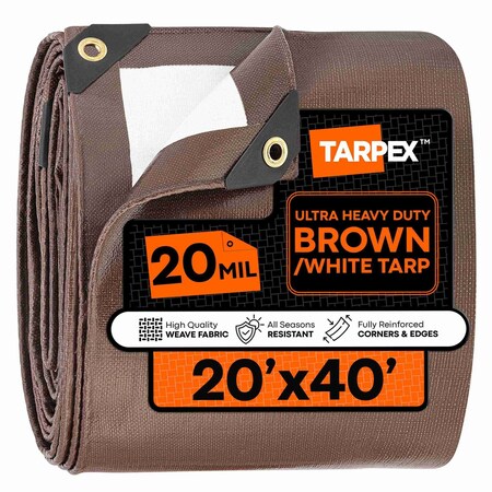Tarpex Ultra Heavy Duty Tarp, 20 ft x 40 ft, 20 Mil, Brown/White, Polyethylene UHD-TA-2040