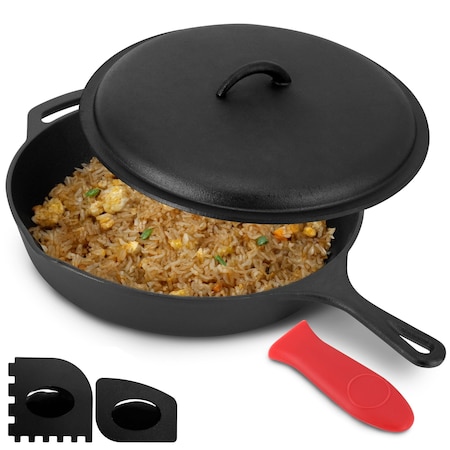 Megachef 12 Inch Pre-Seasoned Cast Iron Skillet with Cast Iron Lid MCCI-7756CV
