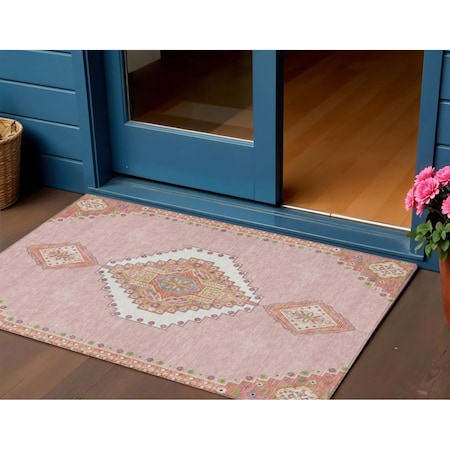 Homeroots 3' X 5' Pink Green And Ivory Oriental Washable Indoor Outdoor Area Rug 598436