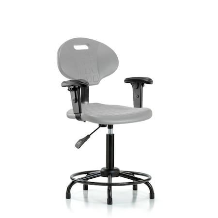 Blue Ridge Ergonomics Poly Chair Round Tube Base-Med Bench Height with Seat Tilt, Adj Arms, &Stationary Glides in Gray Poly PMBCH-RT-T1-A1-RG-GRY