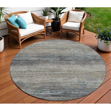 Homeroots 8' Granite Gray Round Striped Washable Indoor Outdoor Area Rug 608475