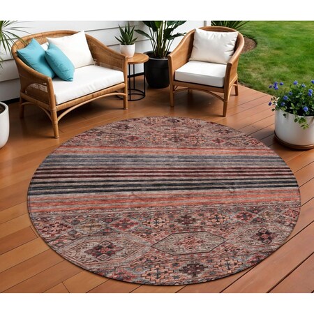 Homeroots 8' Rust Gray And Salmon Round Medallion Washable Indoor Outdoor Area Rug 615910