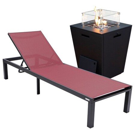 Leisuremod Marlin Black Aluminum Patio Chaise Lounge Chair with Square Fire Pit Table, Burgundy MLBLCF21-77BRG