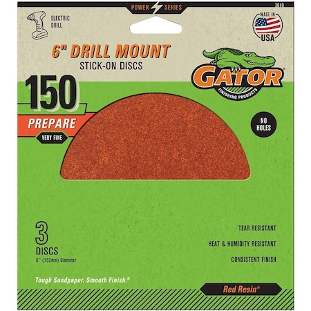 Gator Sanding Disc, 6 in Dia, 150 Grit, Fine, Aluminum Oxide Abrasive, Paper Backing 3010