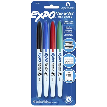 Expo Vis-a-Vis Wet Erase Marker Set, Fine Tip, 4PK 2134341