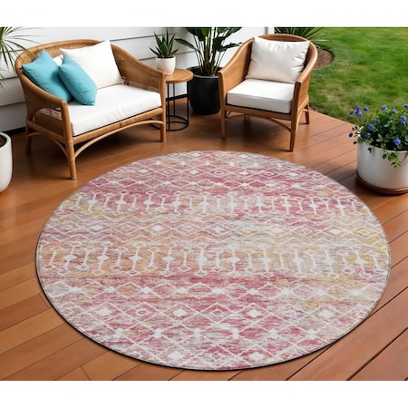 Homeroots 8' Pink And Ivory Round Argyle Washable Indoor Outdoor Area Rug 615820