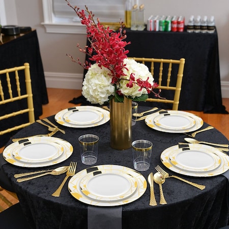 Smarty Had A Party 10.25" White w/Black and Gold Abstract Squares Pattern Round Plastic Dinner Plates, 120 Plates, 120PK 4810BG-CASE