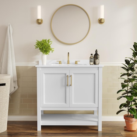 Flash Furniture Vega 36in. Vanity w/Sink, Gold Hardware, Soft Close Doors & Open Shelf, Carrara Marble, White/White FS-VEGA36-WH-HDGLD-GG