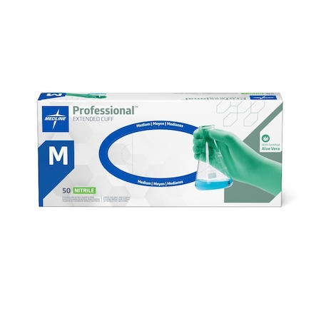 Medline Professional Powder-Free Textured Nitrile Exam Gloves w Aloe Vera, Size M, 12in Extended Cuff, 500PK PRO31772
