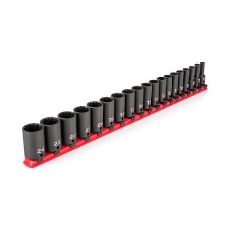 Tekton 3/8 Inch Drive Semi-Deep 12-Point Impact Socket Set with Rail, 19-Piece (6 - 24 mm) SID91119