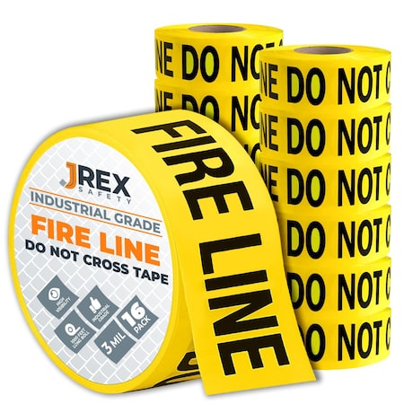 Jrex Safety Fire Line Do Not Cross Tape Roll - 3 Mil - 1000 Ft x 3 Inch Wide Each - Yellow, 16PK PFLT-JR-3M-16PK