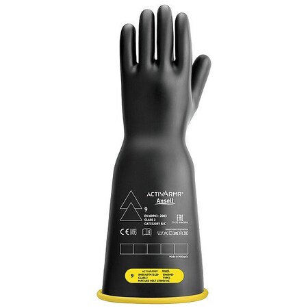 Ansell Electrical-Insulating Gloves, 17,000V AC, 25,000V DC, Natural Rubber Latex, Black, Yellow, Size 9 RIG216YBBC