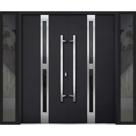 Vdomdoors Steel Double Doors Deux 1755 Black Enamel 2 Sidelight Exterior Windows Stainless Inserts Single Mod DEUX1755DEXD-BLK-RH-W14+72+14 x H80